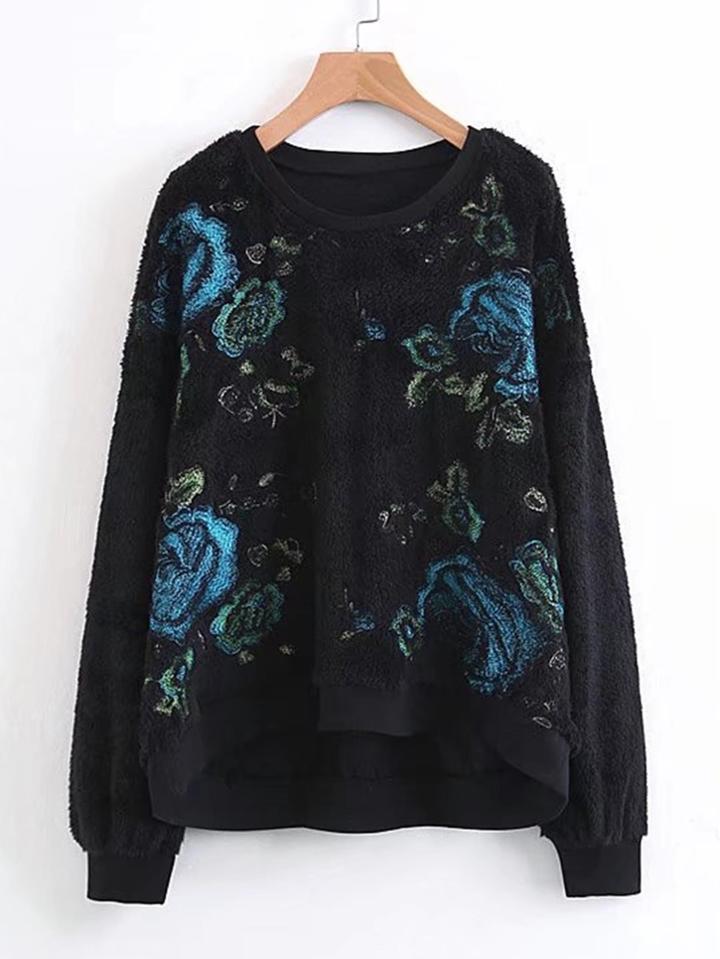 Shein Flower Embroidered Faux Fur Sweatshirt