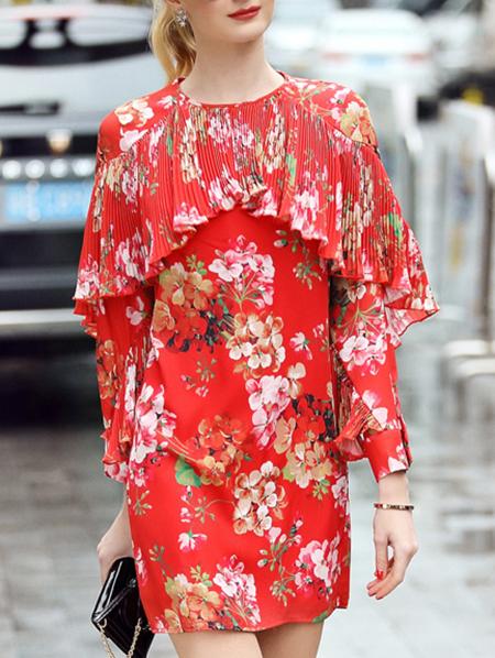 Shein Red Crew Neck Ruffle Pleated Floral Dress