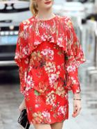 Shein Red Crew Neck Ruffle Pleated Floral Dress