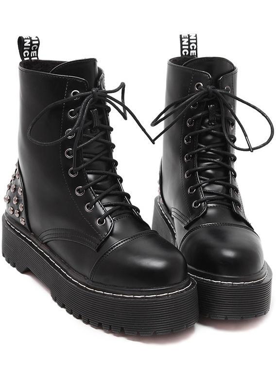 Shein Black Rivet Thick-soled Lace Up Short Boots