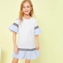 Shein Girls Contrast Striped Cuff And Hem Dress
