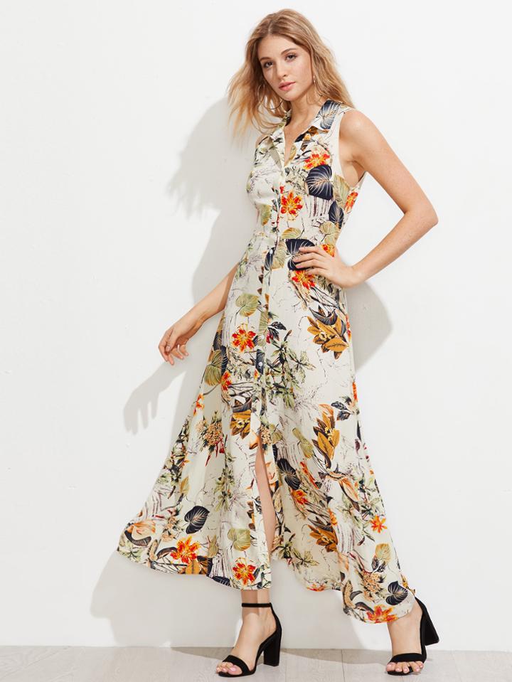 Shein Tropical Print Sleeveless Shirt Dress