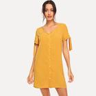 Shein Button Front Knot Tunic V-neck Dress