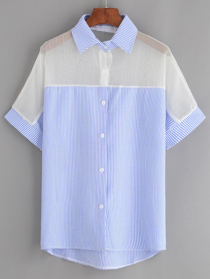 Shein Blue Vertical Striped Mesh Insert Blouse
