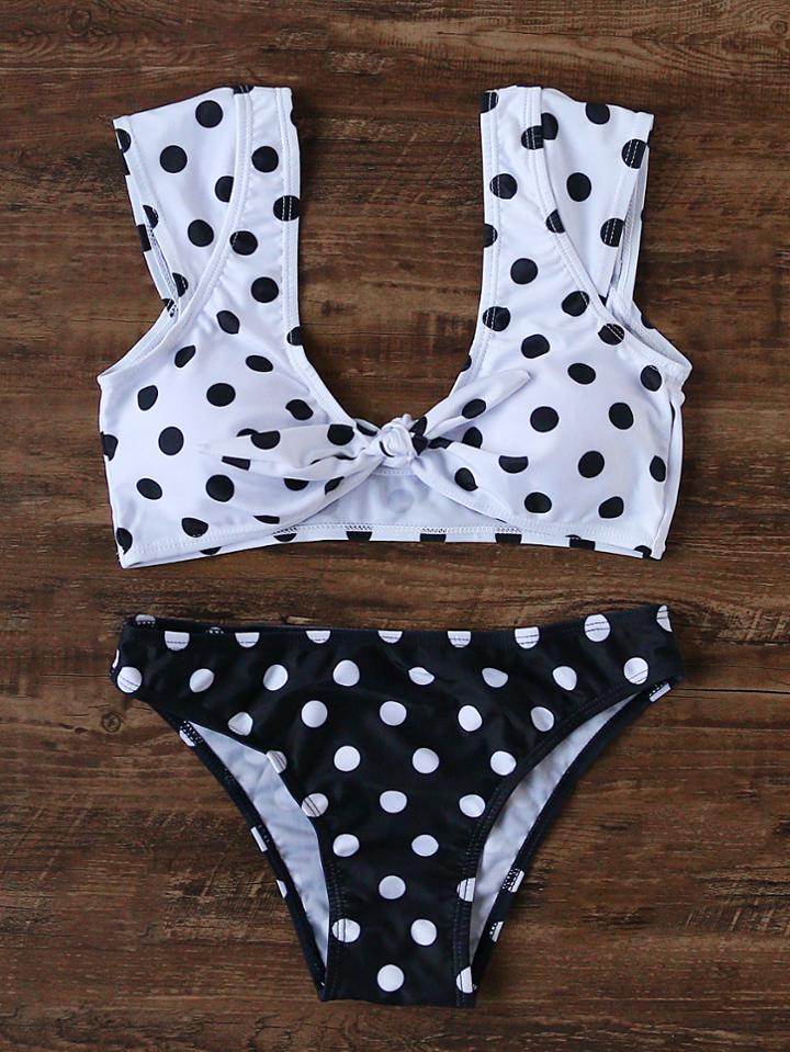Shein Black And White Polka Dot Print Bow Bikini Set
