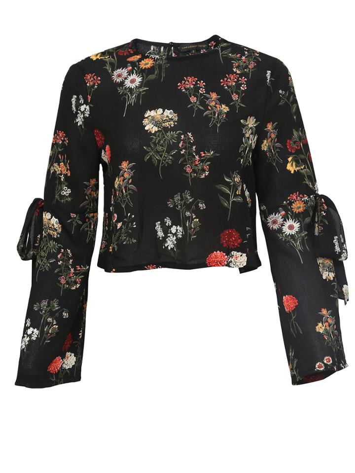 Shein Black Floral Bow Tie Key-hole Back Blouse
