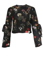 Shein Black Floral Bow Tie Key-hole Back Blouse