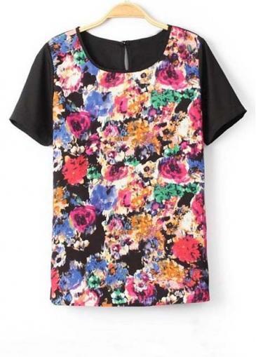Rosewe Summer New Arrival Flower Print T Shirts Black