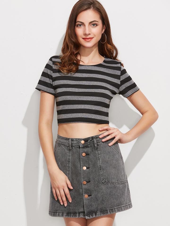 Shein Contrast Striped Short Sleeve Crop T-shirt