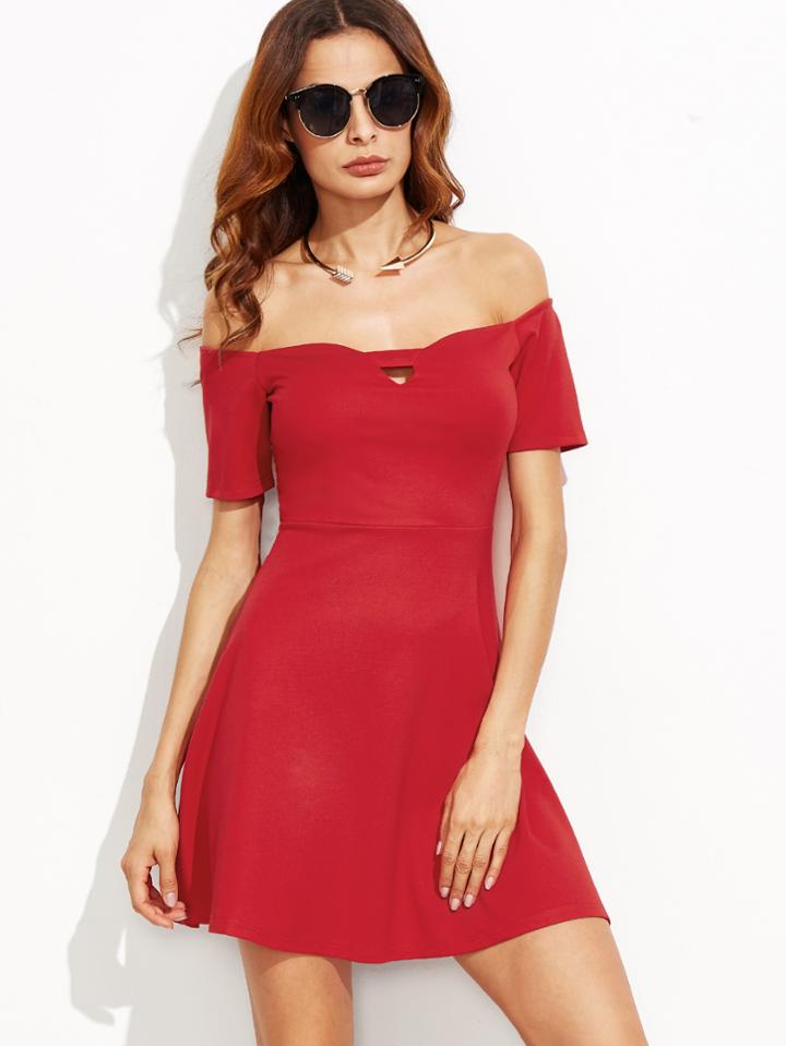 Shein Red Off The Shoulder Skater Dress With Cutout Detail