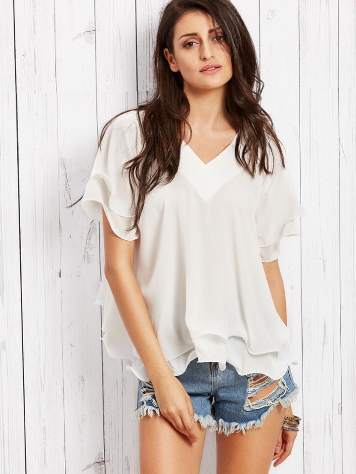 Shein White V Neck Layer Ruffle Blouse