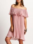 Shein Pink Off The Shoulder Pleated Chiffon Dress