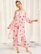 Shein Strawberry Print Pinstriped Cami Pajama Set With Robe