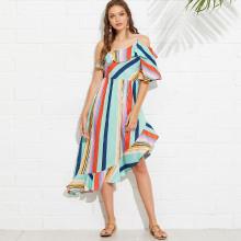 Shein Multi-stripe Ruffle Trim Asymmetric Dress