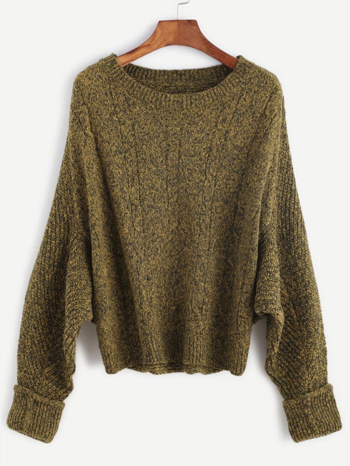 Shein Olive Green Batwing Sleeve Cuffed Cable Knit Sweater