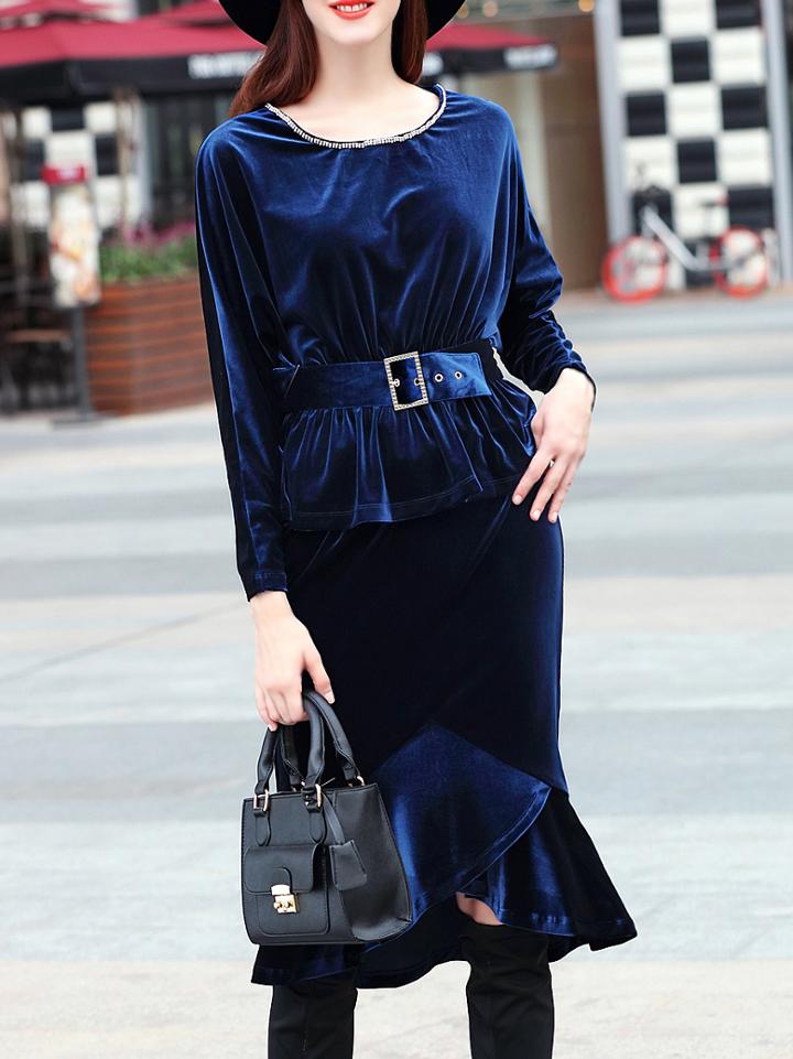 Shein Navy Velvet Peplum Belted Top With High Low Skirt