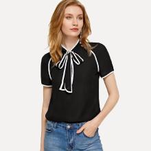 Shein Tie Neck Contrast Binding Top