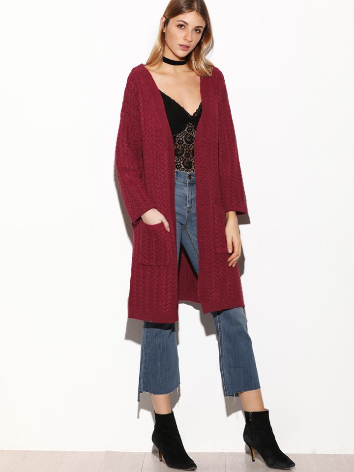 Shein Burgundy Drop Shoulder Slit Side Cable Knit Cardigan