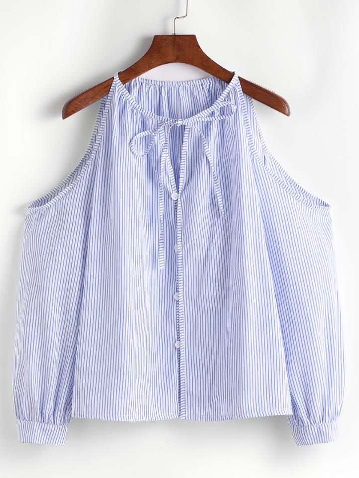 Shein Blue Vertical Striped Cold Shoulder Tie Neck Button Top