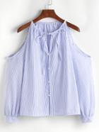 Shein Blue Vertical Striped Cold Shoulder Tie Neck Button Top