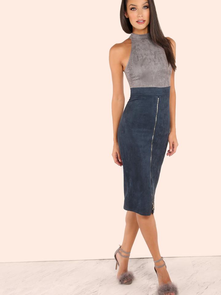 Shein High Mock Neck Sueded Zip Slit Dress Grey Navy