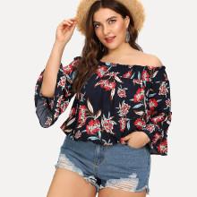 Shein Plus Botanical Print Frill Detail Bardot Blouse