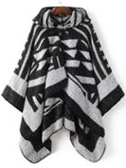 Shein Black Graphic Pattern Hooded Cape Sweater