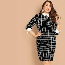 Shein Plus Contrast Collar And Cuff Grid Dress