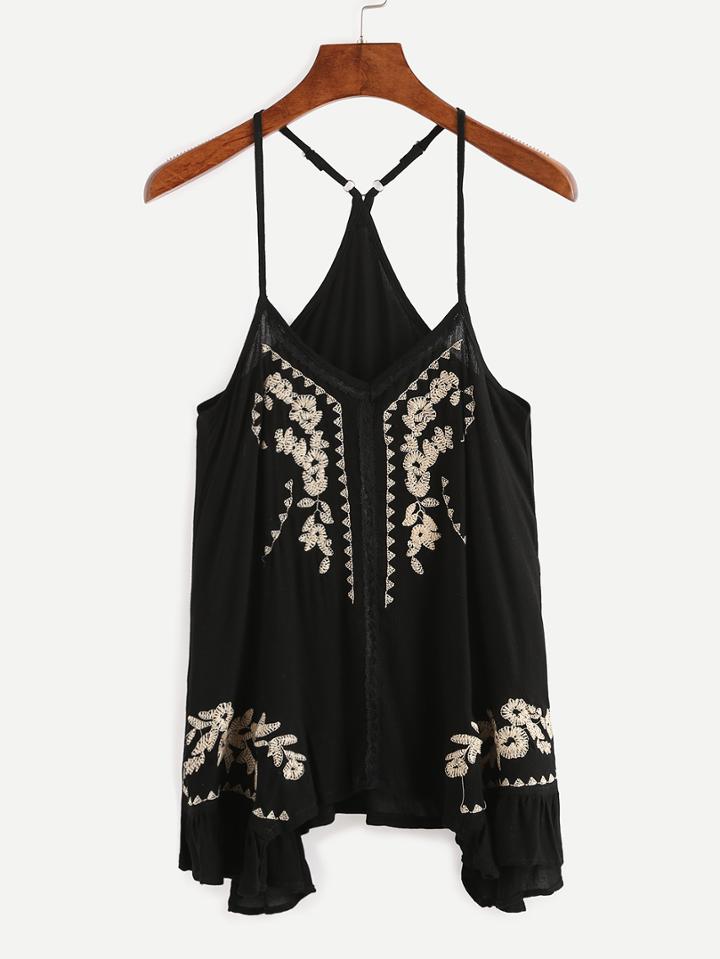 Shein Black Embroidered Ruffled Racerback Cami Top