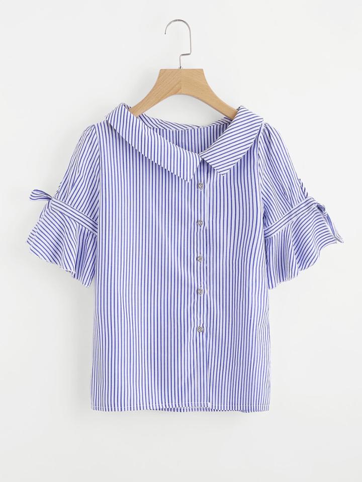 Shein Fold Neckline Pinstripe Button Front Bow Tie Detailed Top