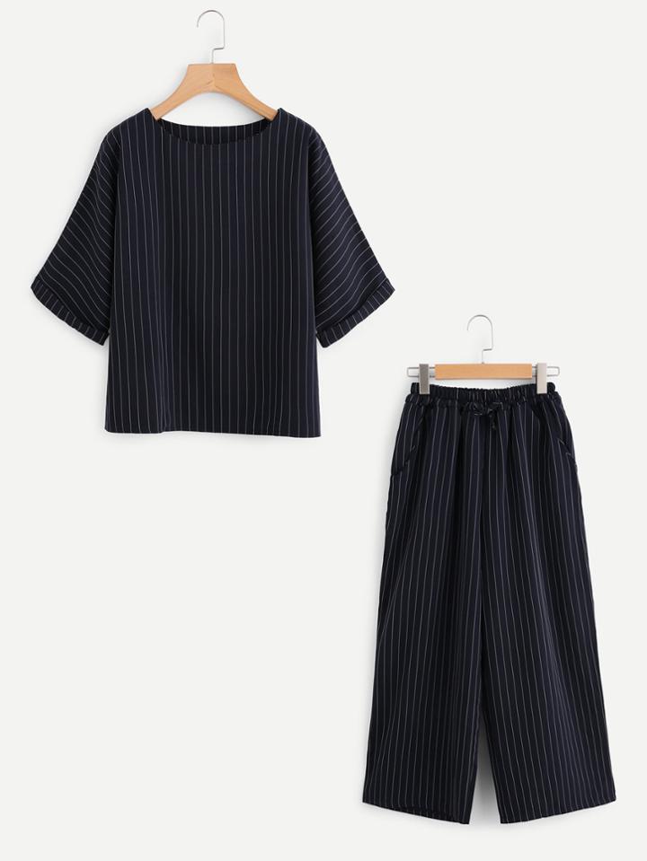 Shein Pinstripe Cuffed Top With Wide Leg Pants