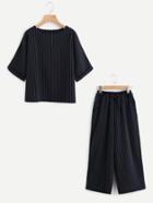 Shein Pinstripe Cuffed Top With Wide Leg Pants