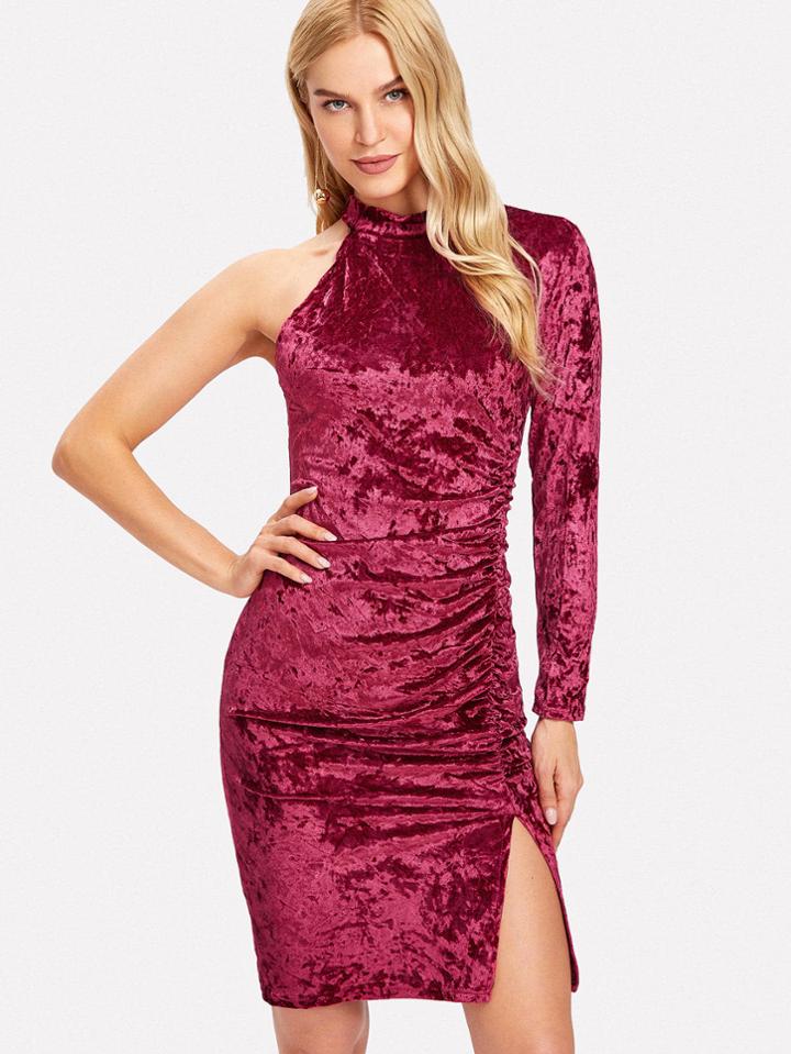 Shein Ruched Detail One Shoulder Crushed Velvet Dress