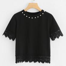 Shein Lace Trim Pearl Beaded Tee