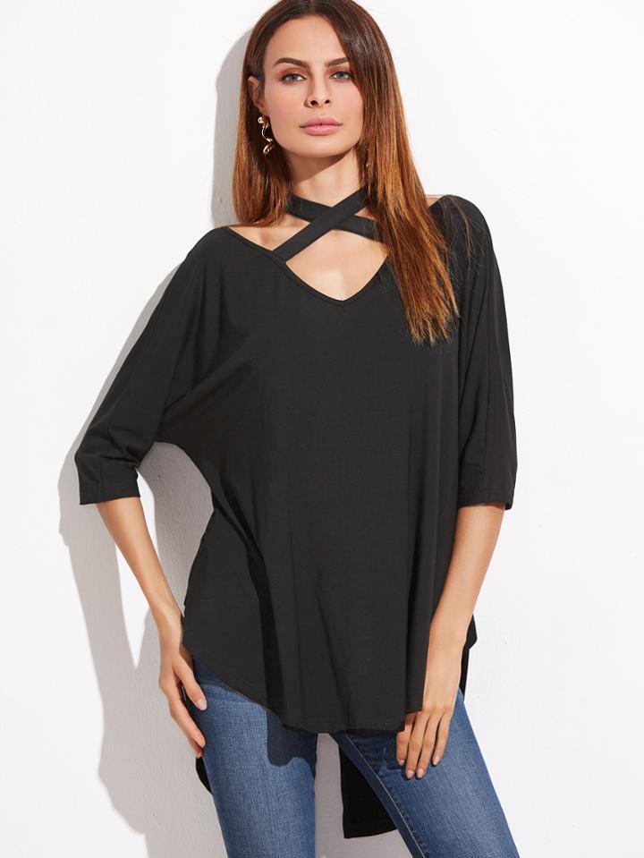 Shein Crisscross Halter Dip Hem Dolman Sleeve T-shirt