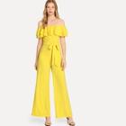 Shein Tiered Flounce Foldover Off Shoulder Belted Jumpsuit