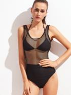 Shein Fishnet Panel Scoop Swimsuit With Bikini Top
