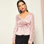 Shein Embroidered Mesh Insert Ruched Satin Top