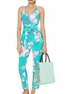 Rosewe Classic Flower Print V Neck High Waist Jumpsuit