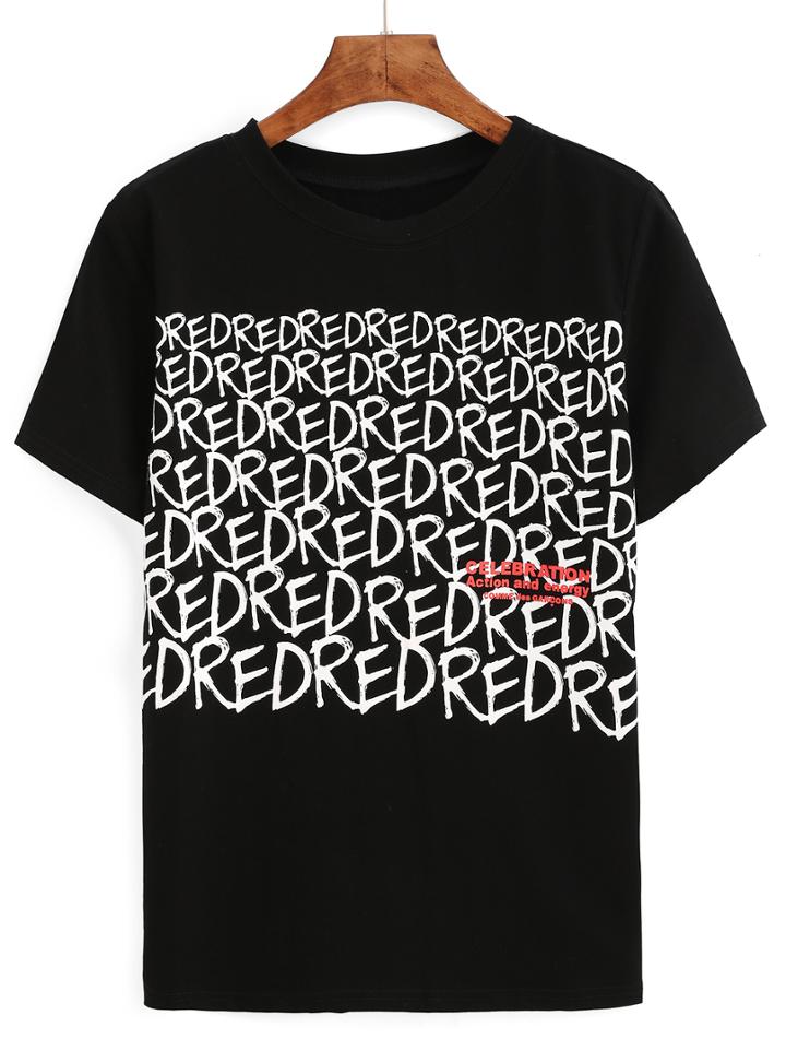 Shein Black Crew Neck Letters Print T-shirt