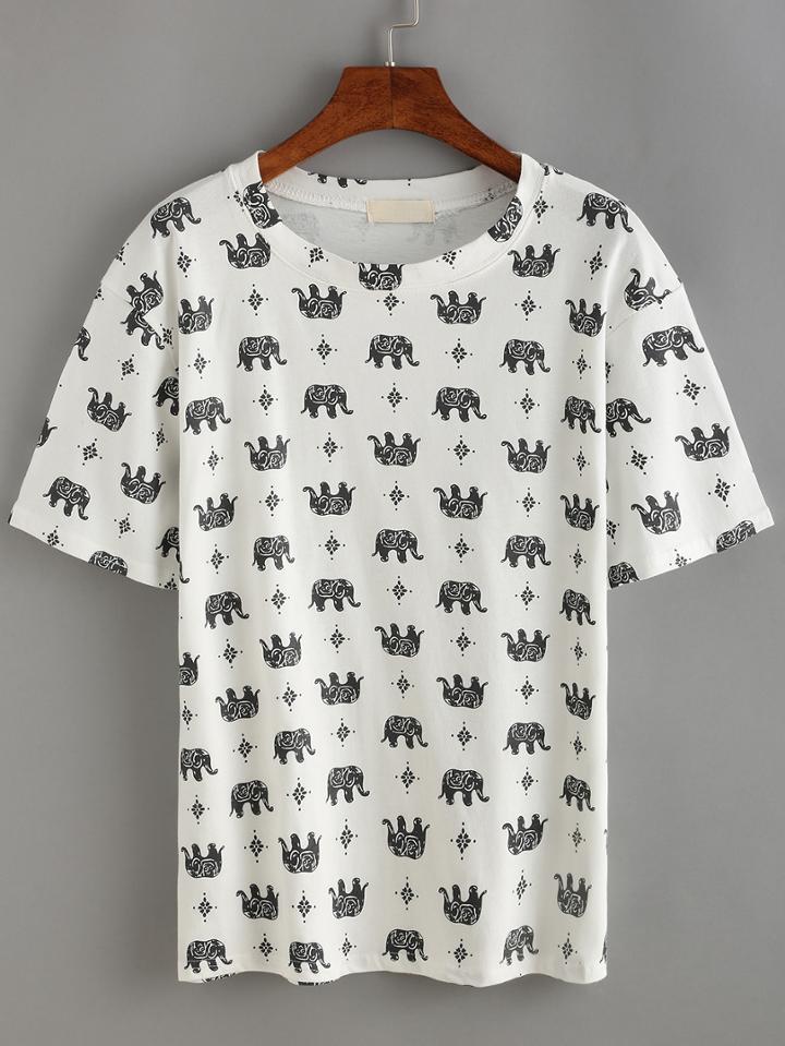 Shein Allover Elephant Print T-shirt - White