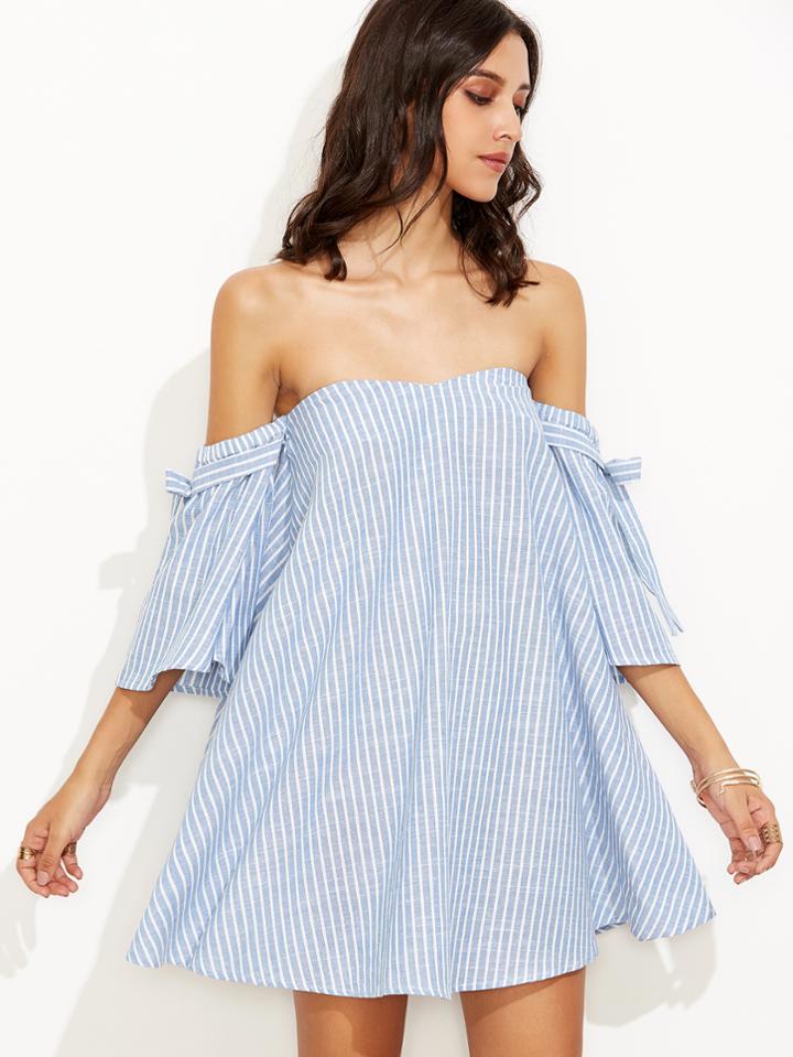 Shein Vertical Striped Bardot Tie Sleeve Swing Dress