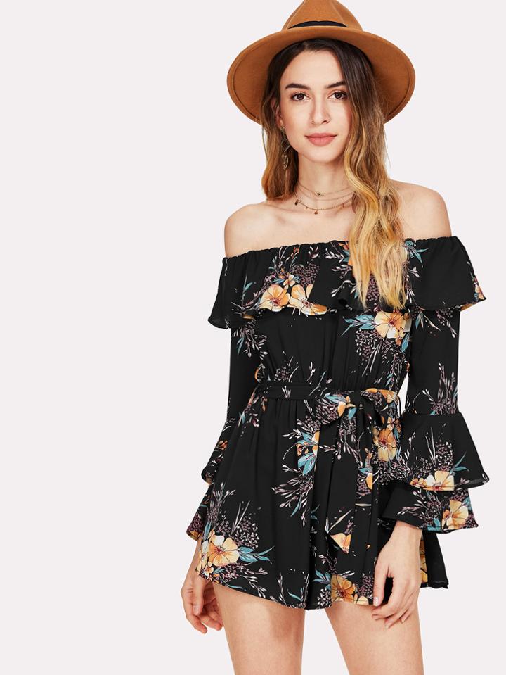 Shein Flounce Sleeve Self Tie Bardot Romper