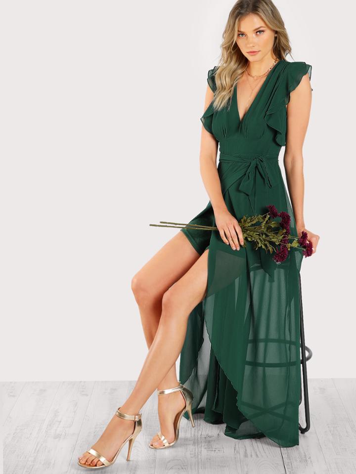 Shein Frill Sleeve Surplice Wrap Dress