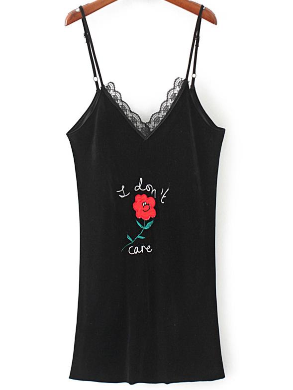 Shein Black Flower Embroidery Lace Trim Velvet Cami Dress