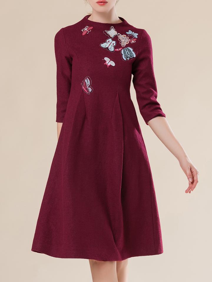 Shein Burgundy Butterfly Jacquard Embroidered Dress