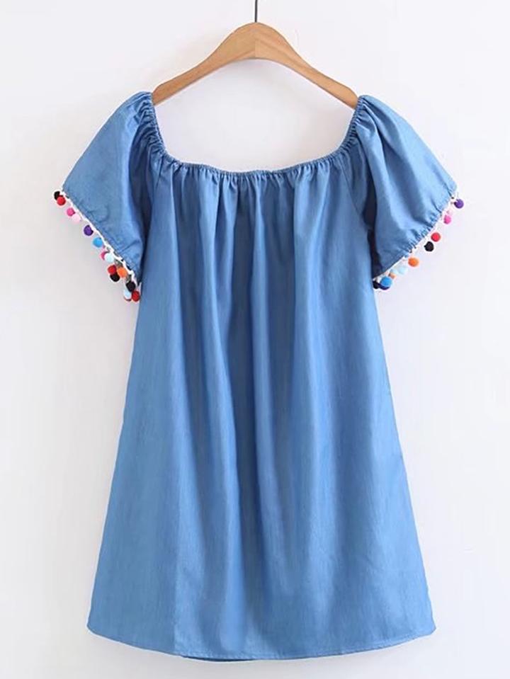 Shein Boat Neckline Pom Pom Trim Denim Dress
