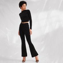 Shein Polka Dot Crop Tee And Flare Leg Pants Set