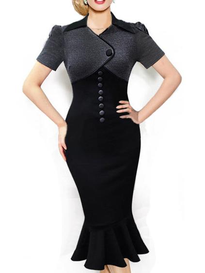 Shein Black Short Sleeve Buttons Fishtail Dress