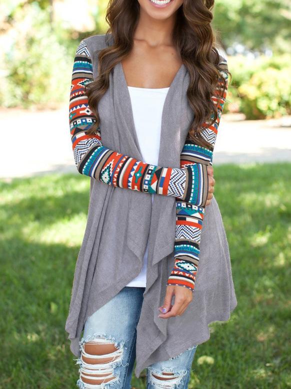 Shein Grey Geometric Print Drape Front Knit Cardigan